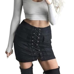 Luxxel Suede Skirt Womens Size Small Black Front Laces Flap Pockets Mini Skirt